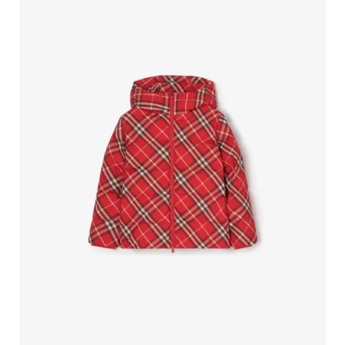Abrigo acolchado con capucha y estampado de cuadros Abrigo acolchado con capucha y estampado de cuadros