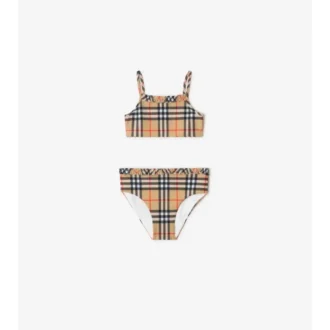 Bikini con estampado de cuadros y ribetes con volantes