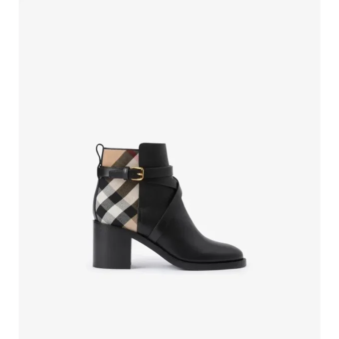 Botas de tacón con estampado de cuadros y cuero Botas de tacón con estampado de cuadros y cuero