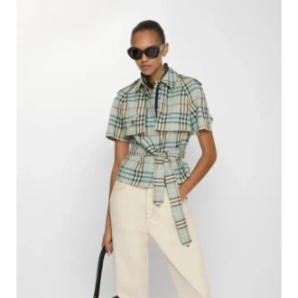 Camisa corta de lana y lino con estampado de cuadros