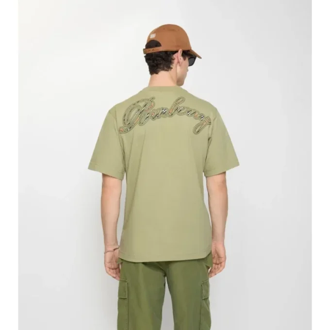 Camiseta de algodón con logotipo cursivo y estampado de cuadros Camiseta de algodón con logotipo cursivo y estampado de cuadros