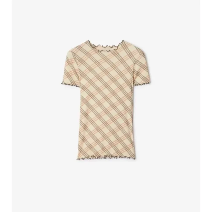 Camiseta de algodón elástico con estampado de cuadros Camiseta de algodón elástico con estampado de cuadros