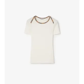 Camiseta de algodón elástico con ribete de cuadros Camiseta de algodón elástico con ribete de cuadros