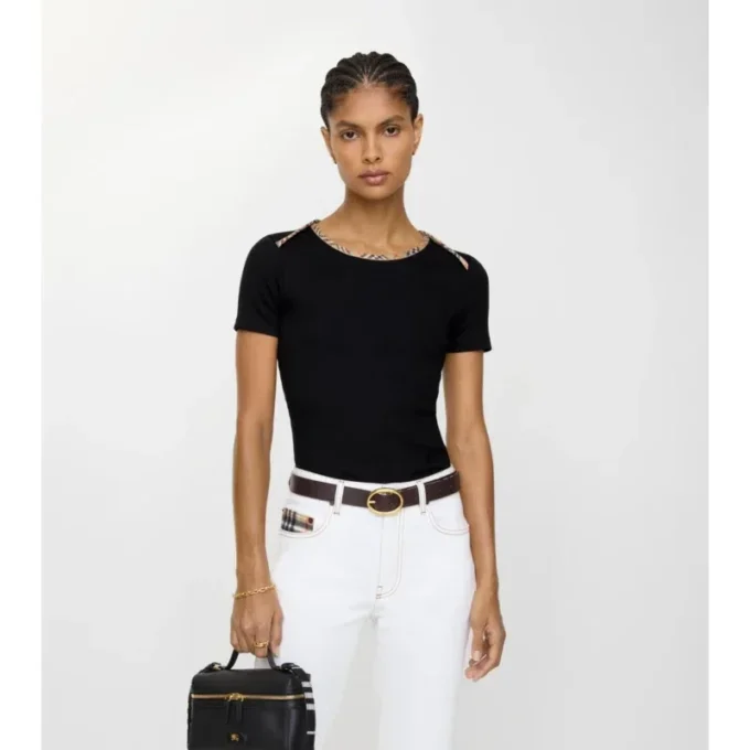 Camiseta de algodón elástico con ribete de cuadros Camiseta de algodón elástico con ribete de cuadros