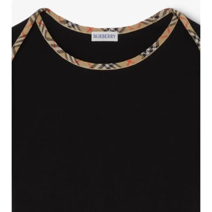 Camiseta de algodón elástico con ribete de cuadros Camiseta de algodón elástico con ribete de cuadros