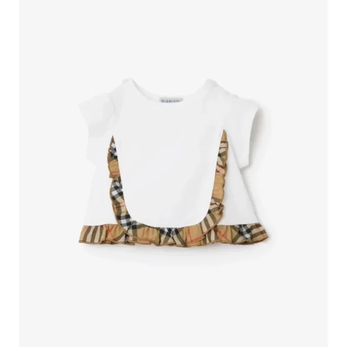 Camiseta de algodón elástico con volantes a cuadros Camiseta de algodón elástico con volantes a cuadros