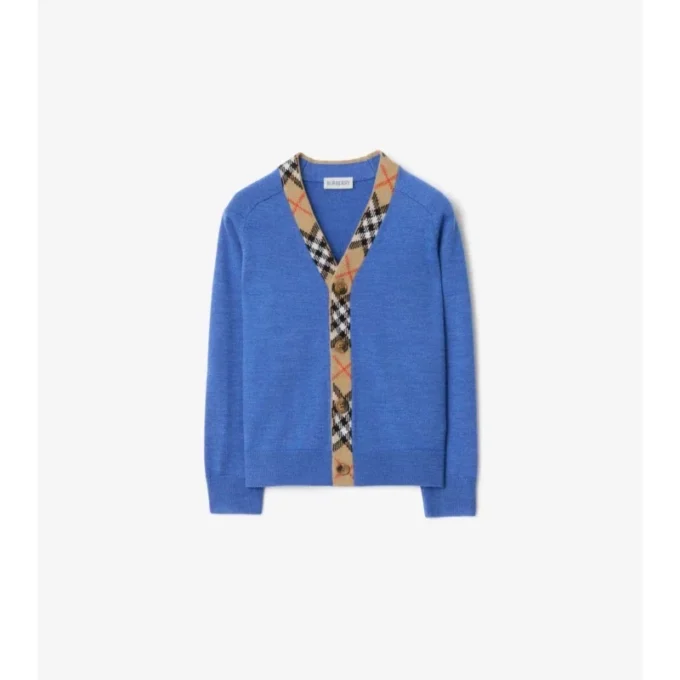 Cardigan de lana con ribetes a cuadros Cardigan de lana con ribetes a cuadros