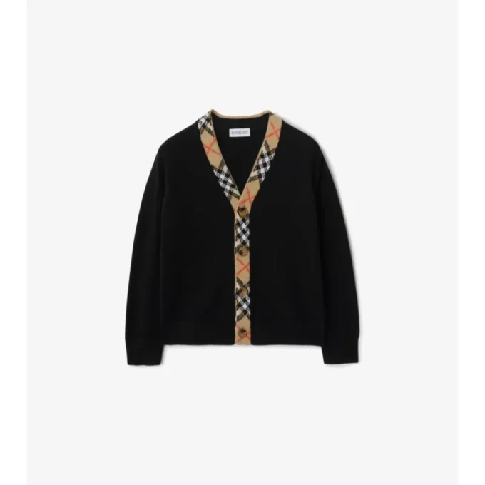 Cardigan de lana con ribetes a cuadros Cardigan de lana con ribetes a cuadros