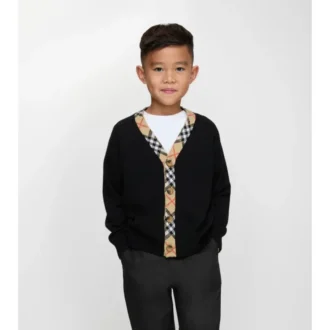 Cardigan de lana con ribetes a cuadros