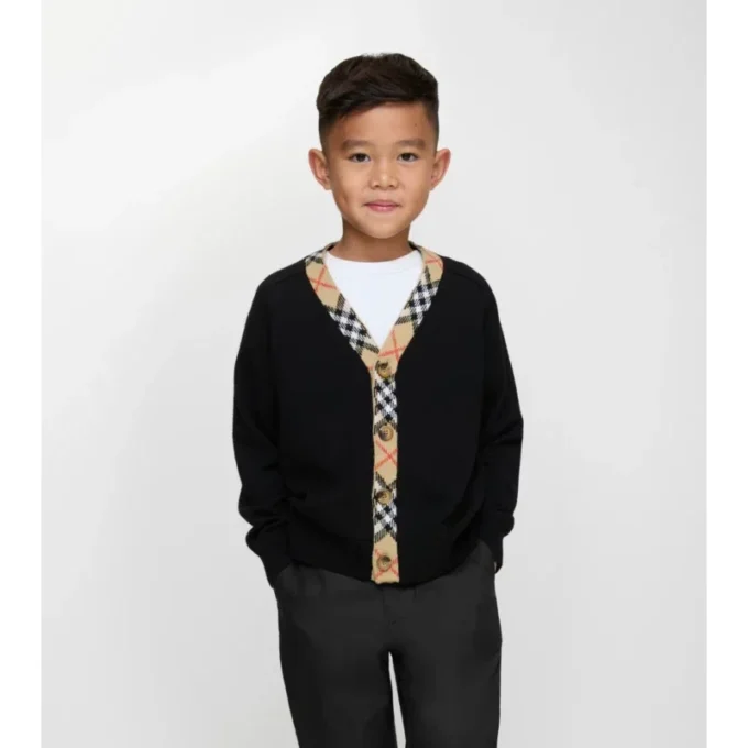Cardigan de lana con ribetes a cuadros Cardigan de lana con ribetes a cuadros