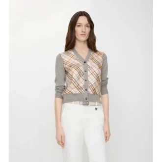 Cardigan de lana y seda con paneles de cuadros