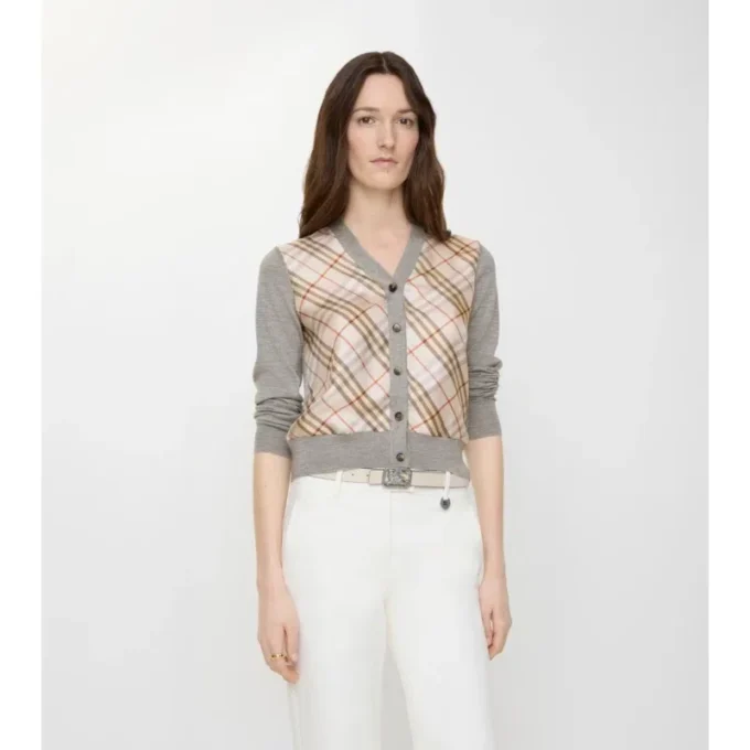 Cardigan de lana y seda con paneles de cuadros