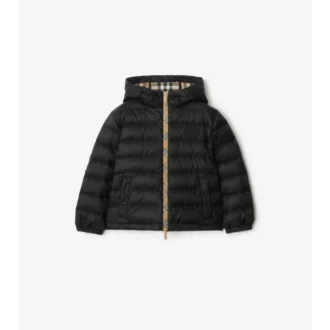Chaqueta acolchada con capucha de nailon con cinta a cuadros