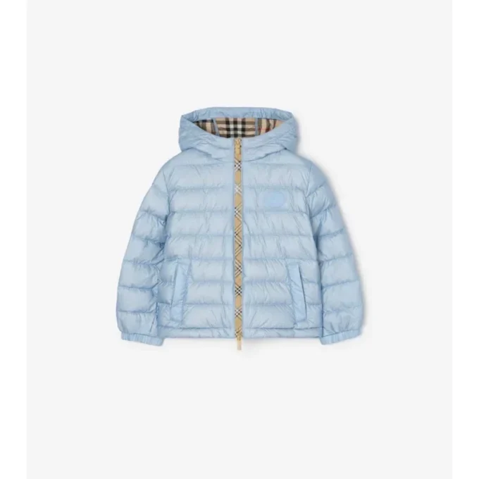 Chaqueta acolchada con capucha de nailon con cinta a cuadros Chaqueta acolchada con capucha de nailon con cinta a cuadros