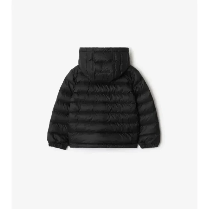 Chaqueta acolchada con capucha de nailon con cinta a cuadros Chaqueta acolchada con capucha de nailon con cinta a cuadros