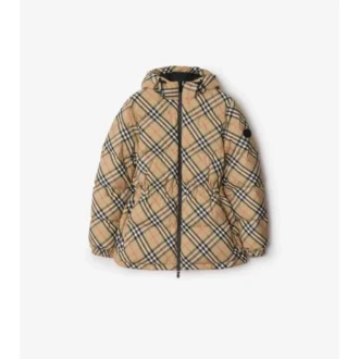 Chaqueta acolchada con capucha de nailon con estampado de cuadros