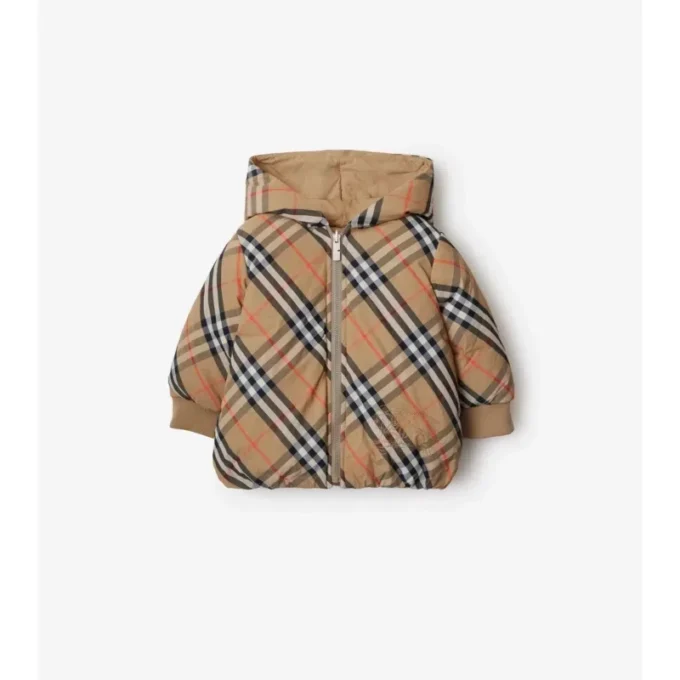 Chaqueta acolchada reversible de nailon con estampado de cuadros Chaqueta acolchada reversible de nailon con estampado de cuadros