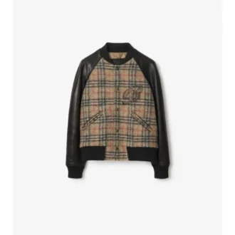 Chaqueta bomber de lana y cuero con estampado de cuadros