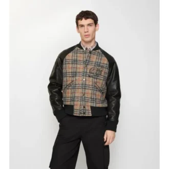 Chaqueta bomber de lana y cuero con estampado de cuadros