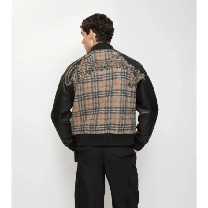 Chaqueta bomber de lana y cuero con estampado de cuadros Chaqueta bomber de lana y cuero con estampado de cuadros