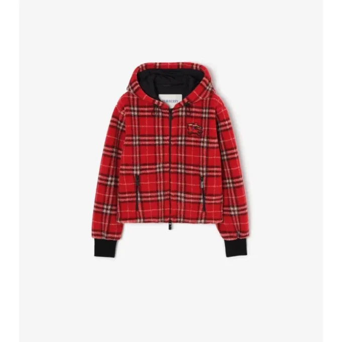 Chaqueta corta con capucha de forro polar a cuadros Chaqueta corta con capucha de forro polar a cuadros