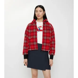 Chaqueta corta con capucha de forro polar a cuadros
