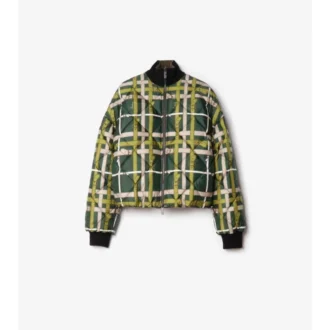 Chaqueta corta reversible de nailon con estampado de cuadros y cinturón