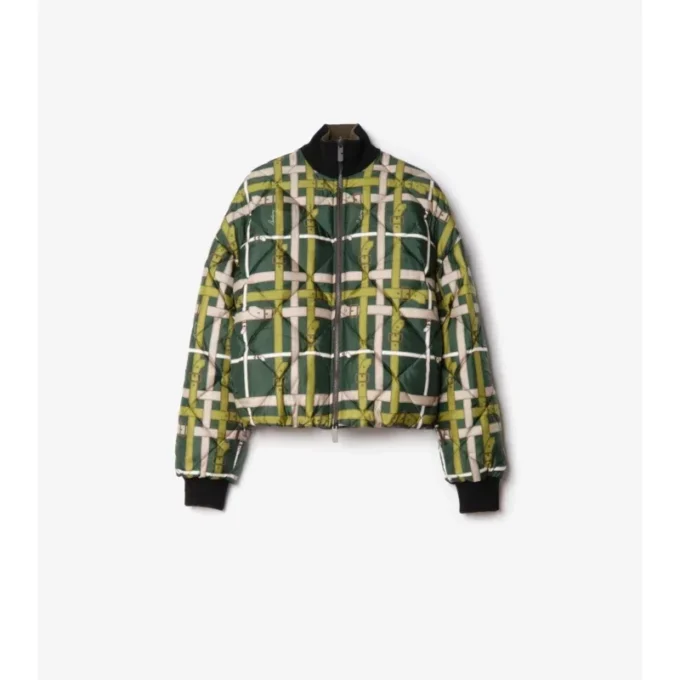 Chaqueta corta reversible de nailon con estampado de cuadros y cinturón