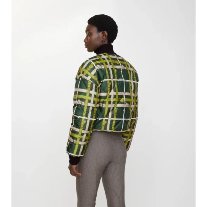 Chaqueta corta reversible de nailon con estampado de cuadros y cinturón