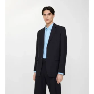 Chaqueta entallada de algodón y lino con efecto seersucker