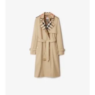 Gabardine larga con cuello a cuadros Trench Coat