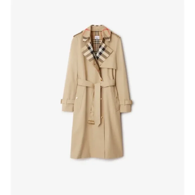 Gabardine larga con cuello a cuadros Trench Coat