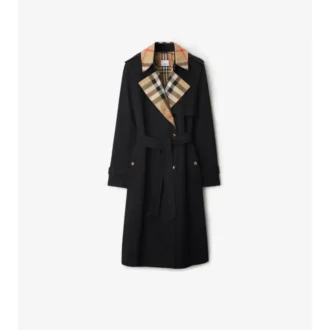 Gabardine larga con cuello a cuadros Trench Coat
