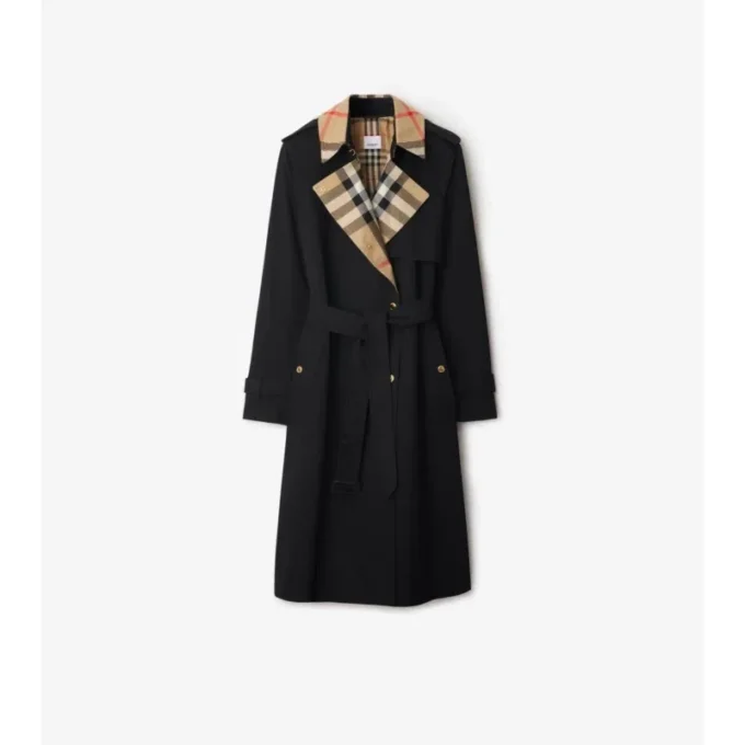 Gabardine larga con cuello a cuadros Trench Coat