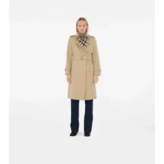 Gabardine larga con cuello a cuadros Trench Coat