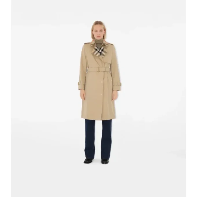 Gabardine larga con cuello a cuadros Trench Coat