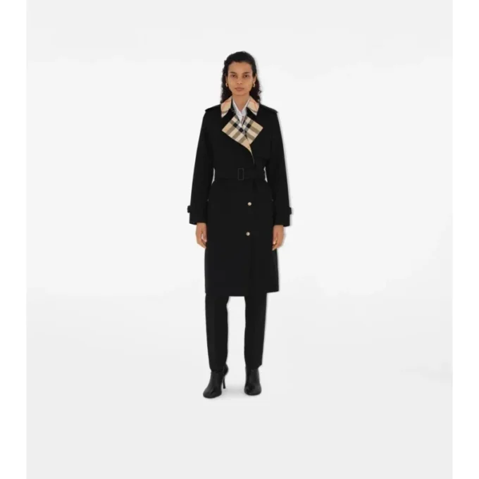 Gabardine larga con cuello a cuadros Trench Coat