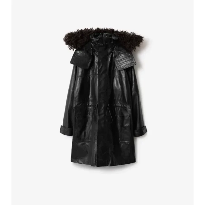 Parka de cuero con ribete de flecos desmontable Parka de cuero con ribete de flecos desmontable