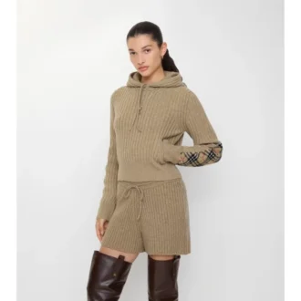 Sudadera con capucha de lana y cachemira con parches de cuadros