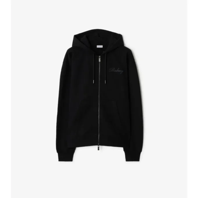 Sudadera con capucha y cremallera de algodón con el logotipo en cursiva y estampado de cuadros Sudadera con capucha y cremallera de algodón con el logotipo en cursiva y estampado de cuadros