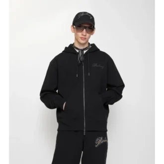Sudadera con capucha y cremallera de algodón con el logotipo en cursiva y estampado de cuadros Sudadera con capucha y cremallera de algodón con el logotipo en cursiva y estampado de cuadros