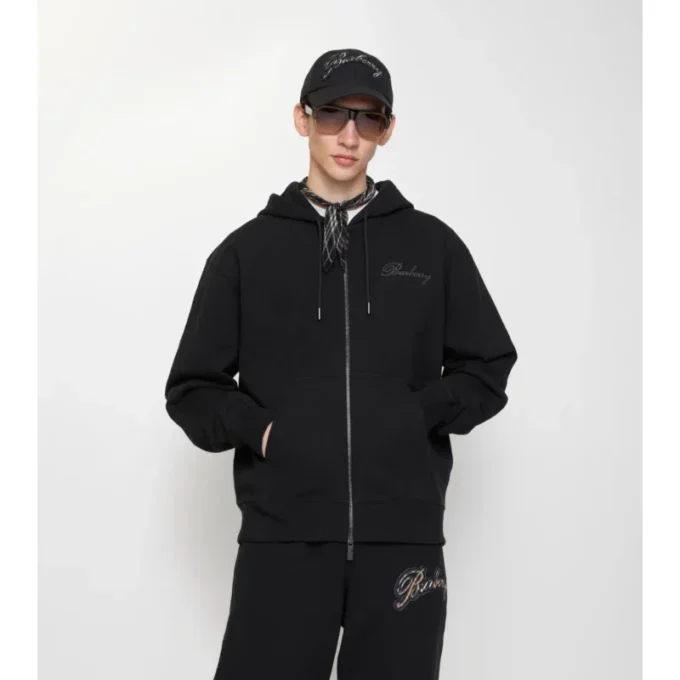 Sudadera con capucha y cremallera de algodón con el logotipo en cursiva y estampado de cuadros Sudadera con capucha y cremallera de algodón con el logotipo en cursiva y estampado de cuadros