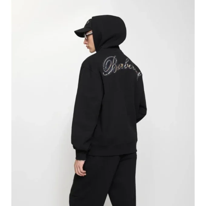 Sudadera con capucha y cremallera de algodón con el logotipo en cursiva y estampado de cuadros Sudadera con capucha y cremallera de algodón con el logotipo en cursiva y estampado de cuadros