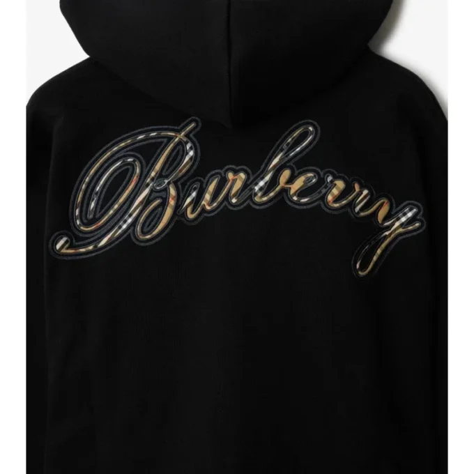 Sudadera con capucha y cremallera de algodón con el logotipo en cursiva y estampado de cuadros Sudadera con capucha y cremallera de algodón con el logotipo en cursiva y estampado de cuadros