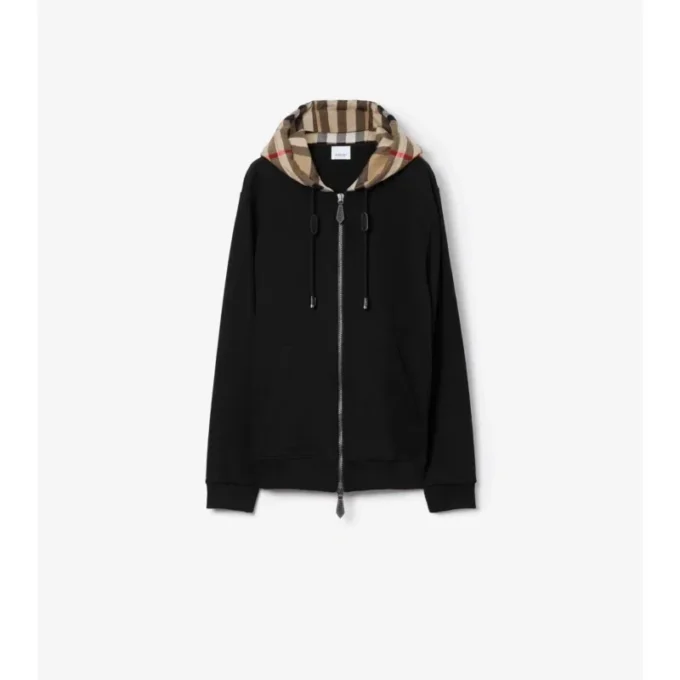 Sudadera con capucha y cremallera de algodón con estampado de cuadros Sudadera con capucha y cremallera de algodón con estampado de cuadros