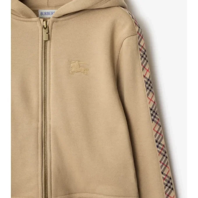 Sudadera con capucha y cremallera de algodón con ribete de cuadros Sudadera con capucha y cremallera de algodón con ribete de cuadros