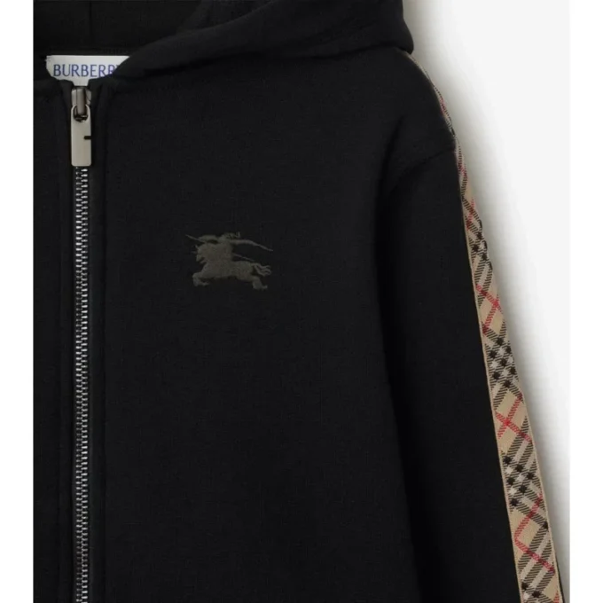 Sudadera con capucha y cremallera de algodón con ribete de cuadros Sudadera con capucha y cremallera de algodón con ribete de cuadros