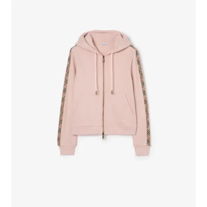 Sudadera con capucha y cremallera de algodón con ribetes de cuadros Sudadera con capucha y cremallera de algodón con ribetes de cuadros