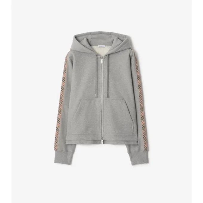 Sudadera con capucha y cremallera de algodón con ribetes de cuadros Sudadera con capucha y cremallera de algodón con ribetes de cuadros