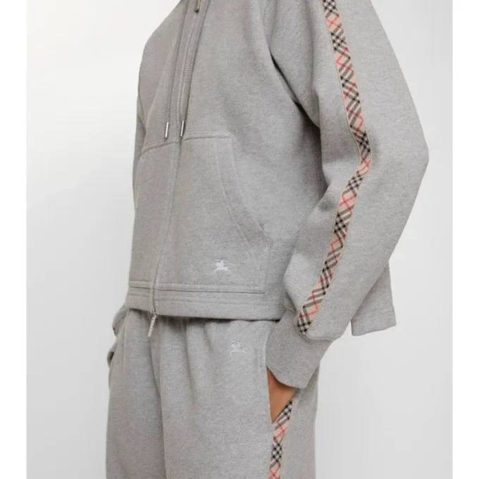 Sudadera con capucha y cremallera de algodón con ribetes de cuadros Sudadera con capucha y cremallera de algodón con ribetes de cuadros